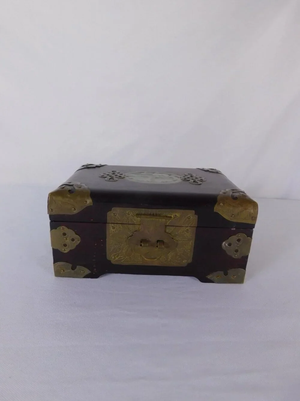Vintage Chinese Wood Jewelry Box Brass Hardware Jade Inlay Style Lined Trinket